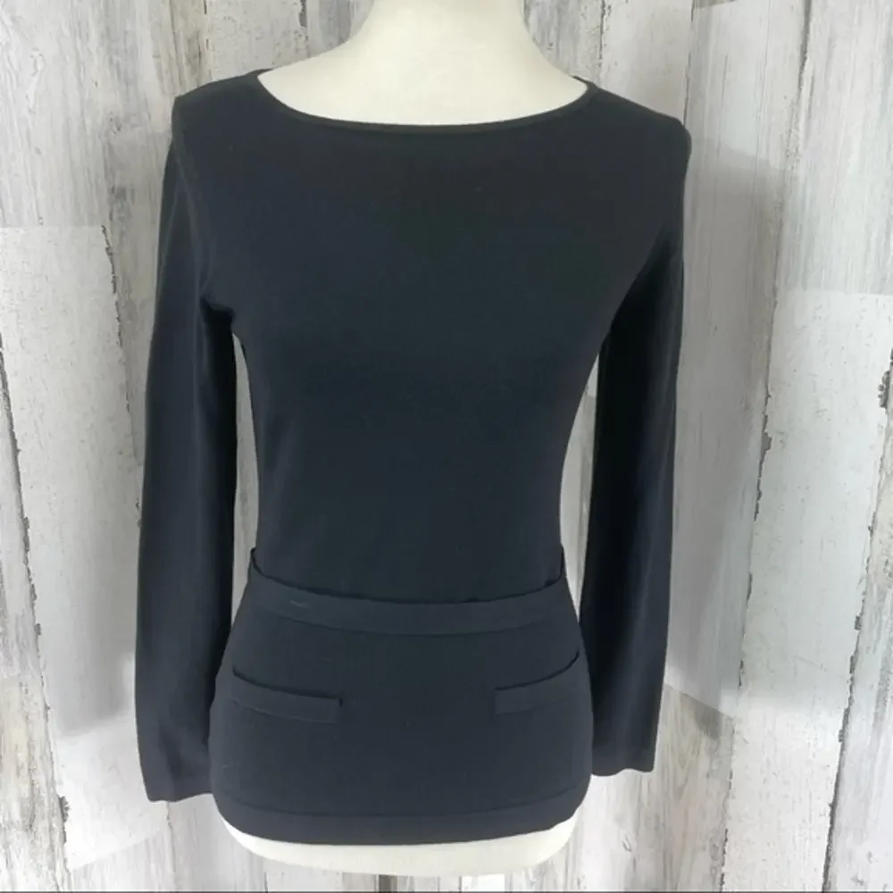 LOFT Women's Black‎ Scoop Neck Long Sleeve Belted Shirt Top Blouse Knit Sz S